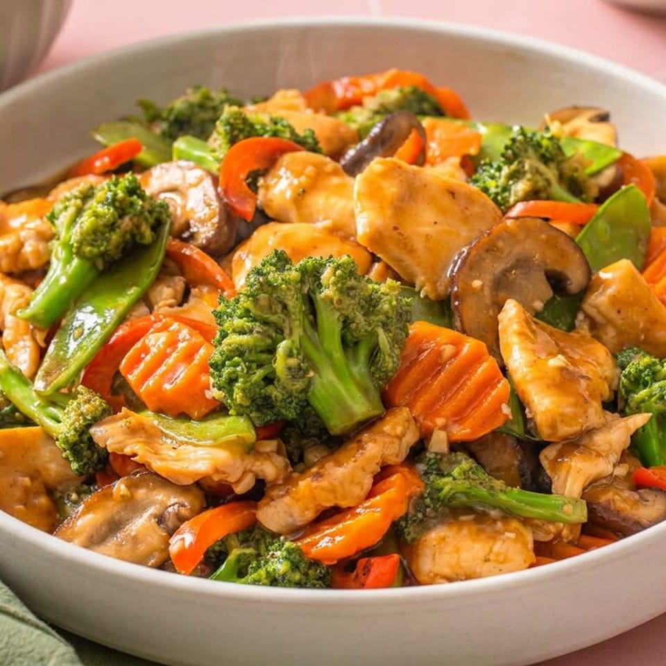 Chicken stir-fry with broccoli, carrots, mushrooms, and snow peas in a white bowl.
