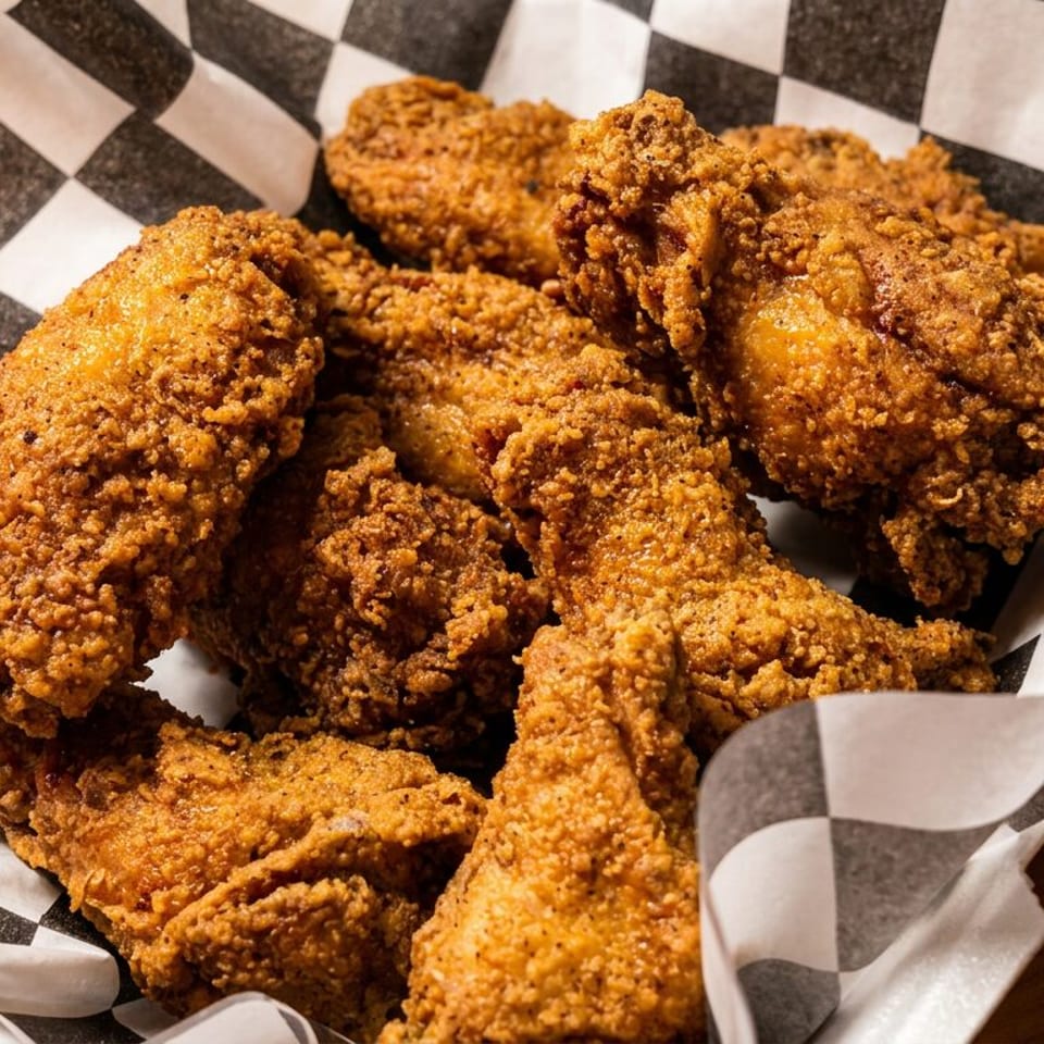 Crispy fried chicken pieces in a black and white checkered paper-lined basket.