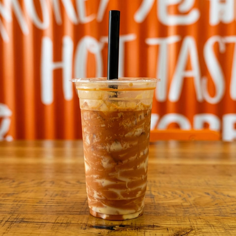 A clear plastic cup of iced coffee with cream swirls and a black straw on a wooden table.