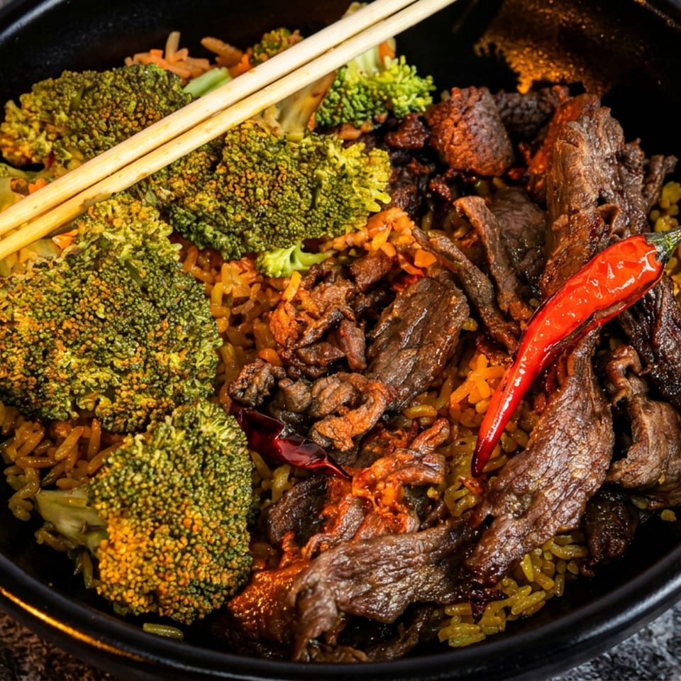 A black bowl of beef and broccoli stir-fry with yellow rice, chopsticks, and a red chili.
