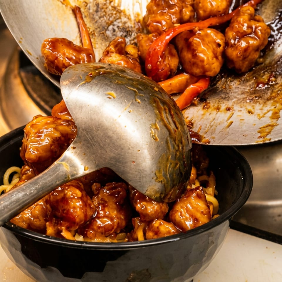 Sweet and sour chicken with red peppers being served from a wok into a black bowl of noodles.