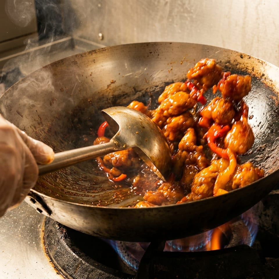 A chef in a white glove stirs General Tso's chicken in a wok over a gas flame.